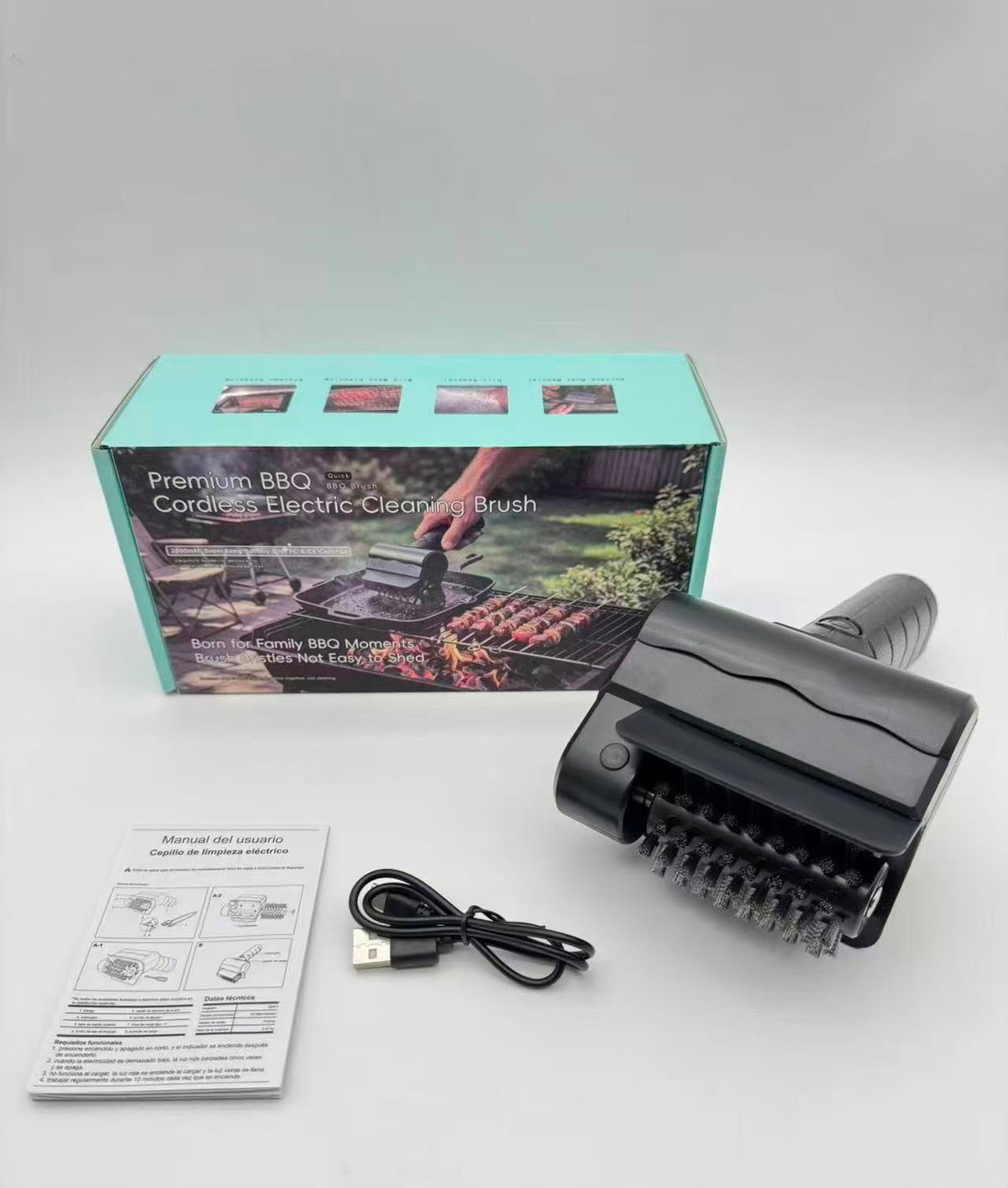 Kit Cepillo Eléctrico BBQ + 12 Pares de Guantes — Parrilla Lista en 1 Minuto