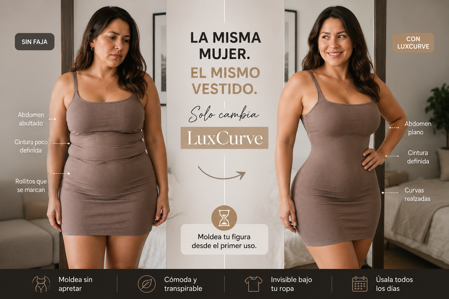 LuxCurve Body Moldeador Invisible · Compresión 360° Sin Costuras