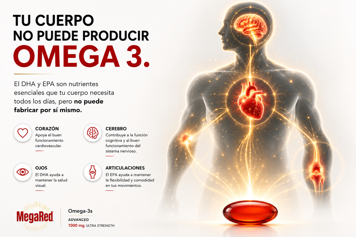 MegaRed, Omega 3 Advanced 4-en-1 · 1000 mg Ultra Strength, 60 Softgels (2 Meses)