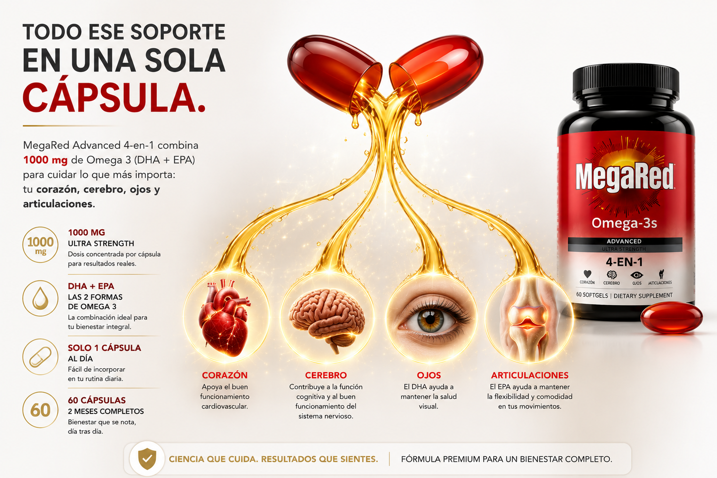 MegaRed, Omega 3 Advanced 4-en-1 · 1000 mg Ultra Strength, 60 Softgels (2 Meses)