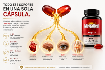 MegaRed, Omega 3 Advanced 4-en-1 · 1000 mg Ultra Strength, 60 Softgels (2 Meses)